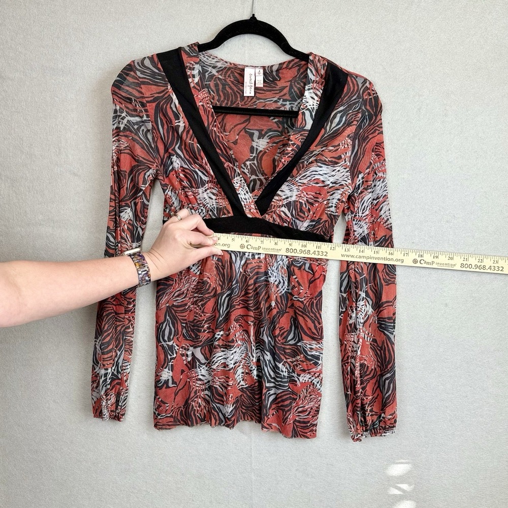 Sweat Pea by‎ Stacy Frati Red Orange Floral Babydoll Mesh Shirt Long Sleeve Sz S - Picture 3 of 6